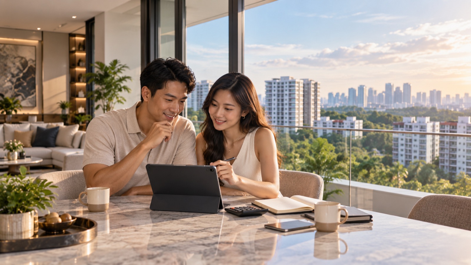 A couple at home working out what they can afford on a tablet, with HDB blocks and greenery outside